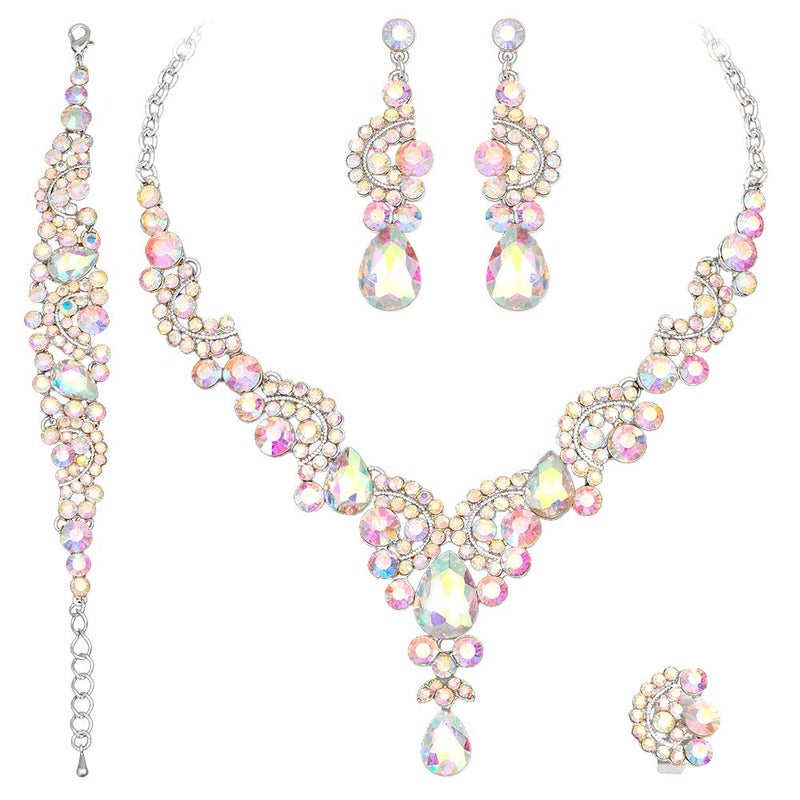 CSY Elegant Iridescent Crystal Necklace Earrings Bracelet Ring Bridal Wedding Costume Jewelry Sets for Brides Women Gifts (Iridescent AB Crystal - Silver tone) - Image 1